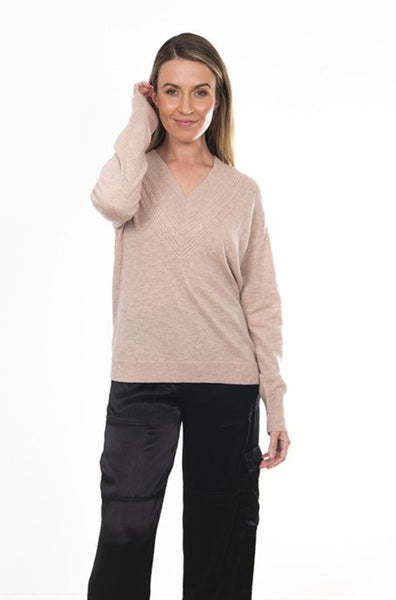 Cables Vee Neck Pullover - Stone
